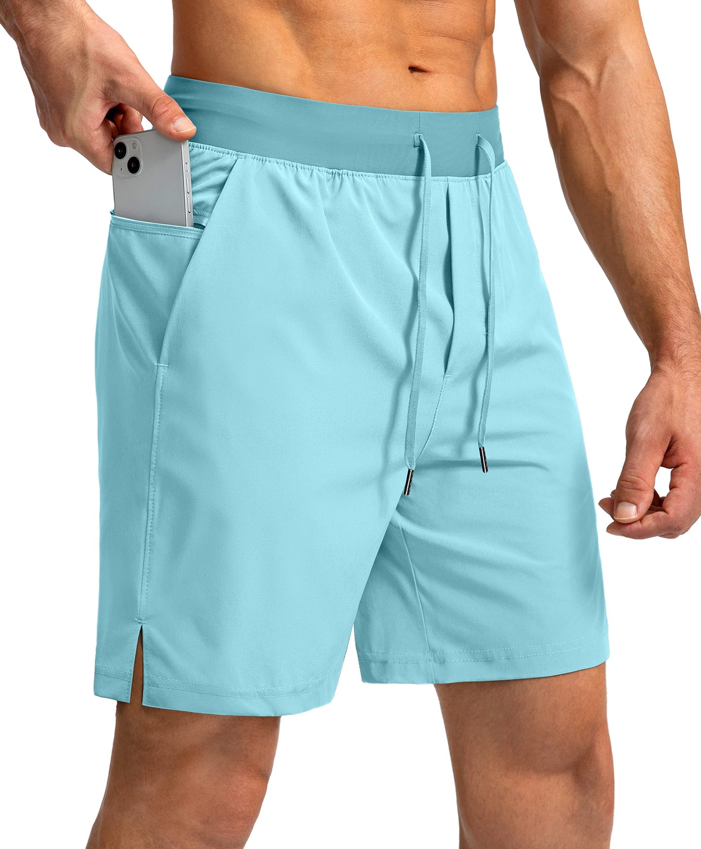 Soothfeel Men's Running Shorts with Zipper Pockets 7 Inch Lightweight Quick Dry Gym Athletic Workout Shorts for Men (Light Blue, XS)