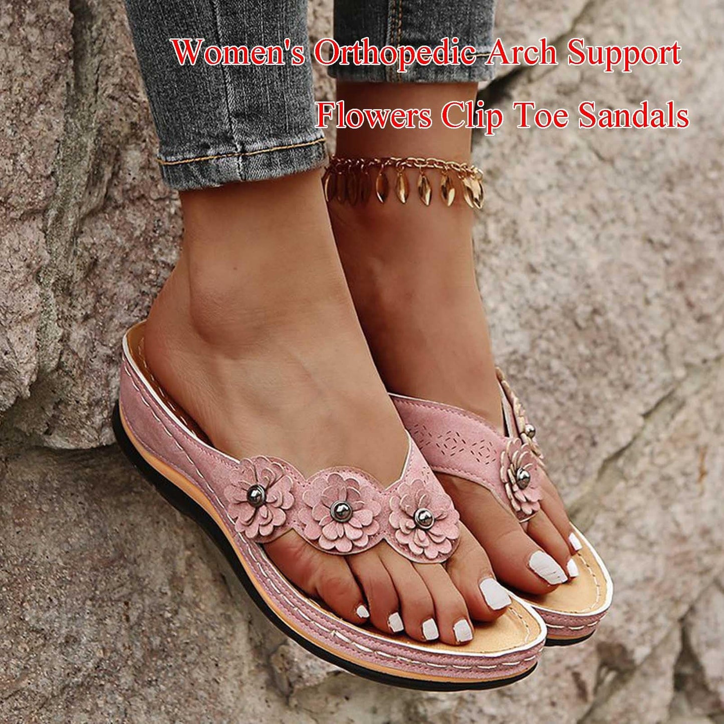 Women's Orthopedic Arch Support Flowers Clip Toe Sandals,Lightweight Breathable Orthopedic Sandals Arch Support Comfy Sandals (Brown,US 7.5)