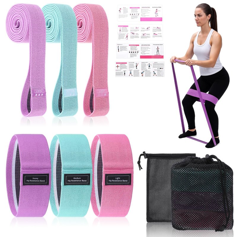 Kifmurase 6PCS Fabric Resistance Bands for Legs, 3 Strength Level Elastic Stretching Assist Band with Portable Bag, Non-Slip Workout Bands for Squats Yoga Therapy, Women Cloth Band for Working Out