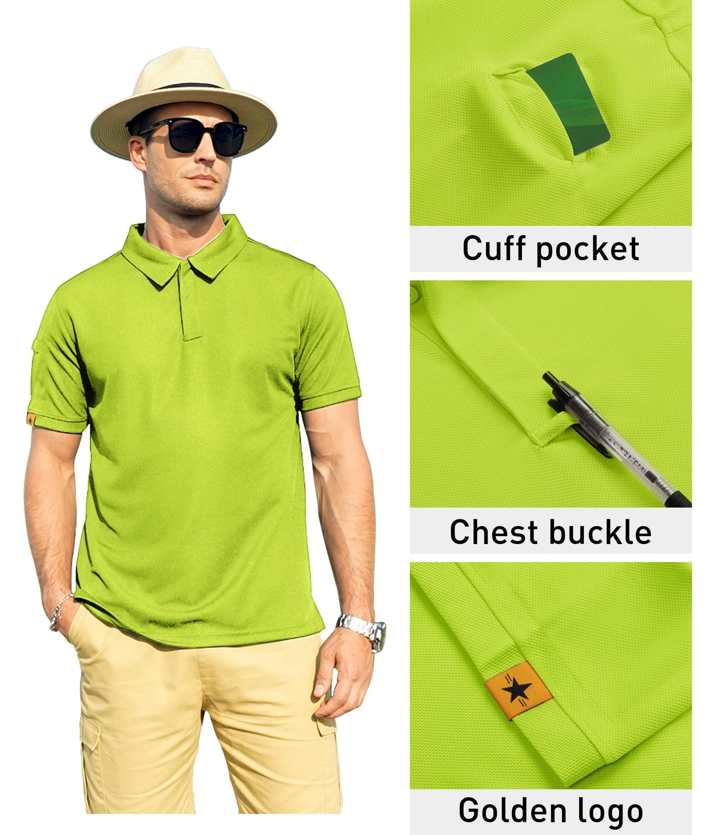 ZITY Mens Polo Shirt Short Sleeve Sports Tactical T-Shirt Athletic Golf Polos Daily Casual Stylish Collared Shirts for Men Lemon Green XX-Large