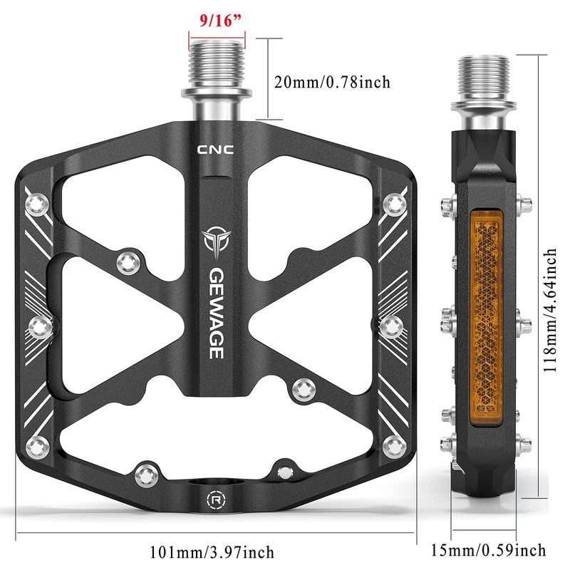 Bike Pedals 9/16 Inch - Bicycle Pedals with Reflectors - 3 Sealed Bearings MTB Pedals Wide Platform Pedals for Mountain Bike, BMX, Road Bike Pedals (Black)