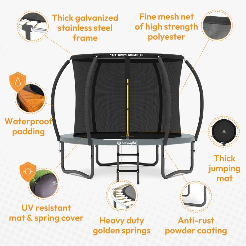JUMPZYLLA Trampoline Outdoor 8FT 10FT 12FT 14FT 15FT 16FT with Enclosure and Ladder, ASTM Approved Recreational Trampoline for Kids and Adults, Anti-Rust Coated Frame (Gray, 8FT)