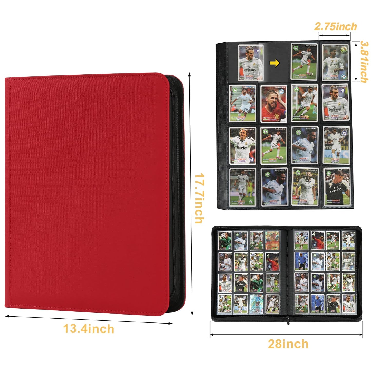 16 Pocket Ringless Side Loading Trading Card Binder, 1024 Cards PU Fixed Page Zipper Card Album for TCG Sports Game Cards, Not Fit Top Loaders (Red)