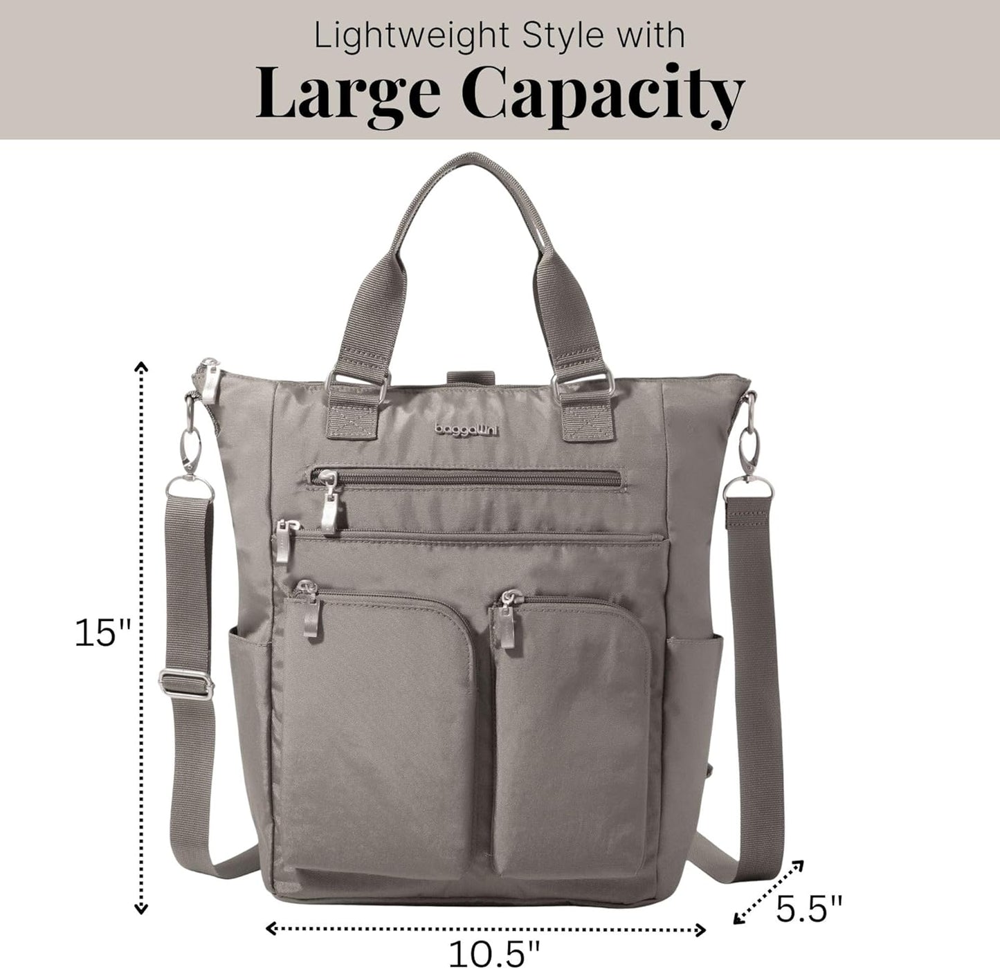 Baggallini Tote Backpack - 3-in-1 Lightweight Travel Bag with RFID Phone Wristlet | 15"x10.5"