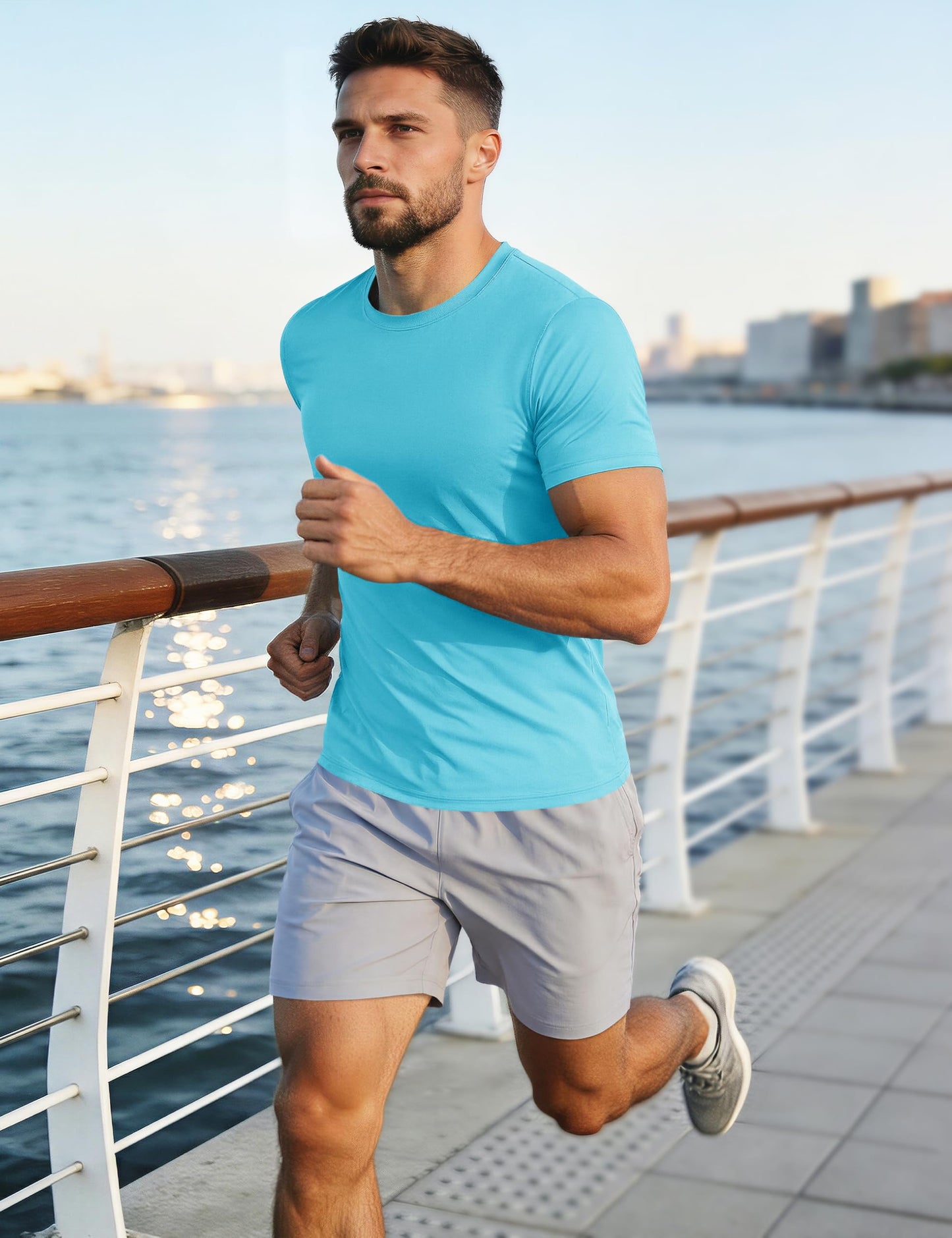 Mens Sun Shirts UPF 50+ Short Sleeve T-Shirt Fishing Shirts Quick Dry Moisture Wicking Performance Shirts Rash Guards Beach Shirts Ice Blue