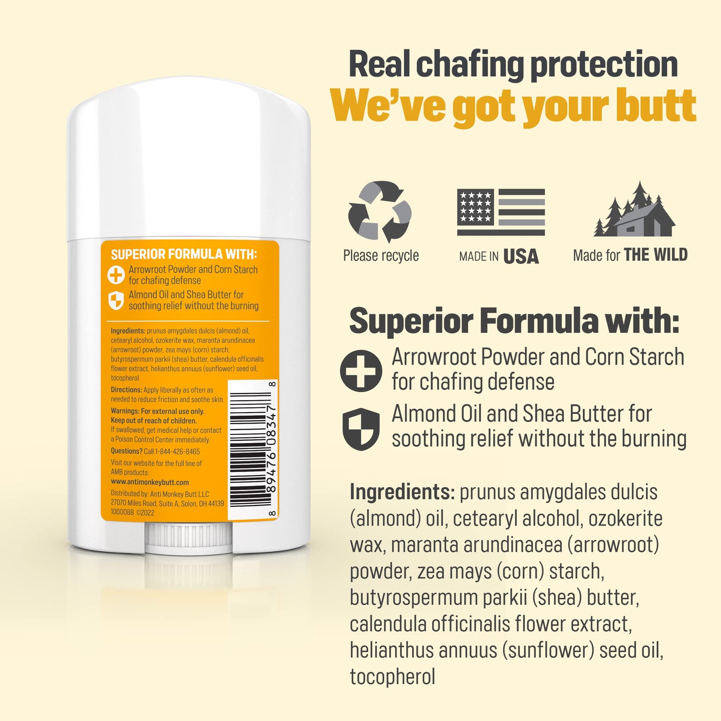 Anti Monkey Butt Anti Chafing Stick - Body Glide Stick for Thigh Chafing, Friction, & Irritation Relief - Mess-Free Anti Chafe Balm with Shea Butter & Almond Oil for Daily Skin Comfort - 1.7 oz