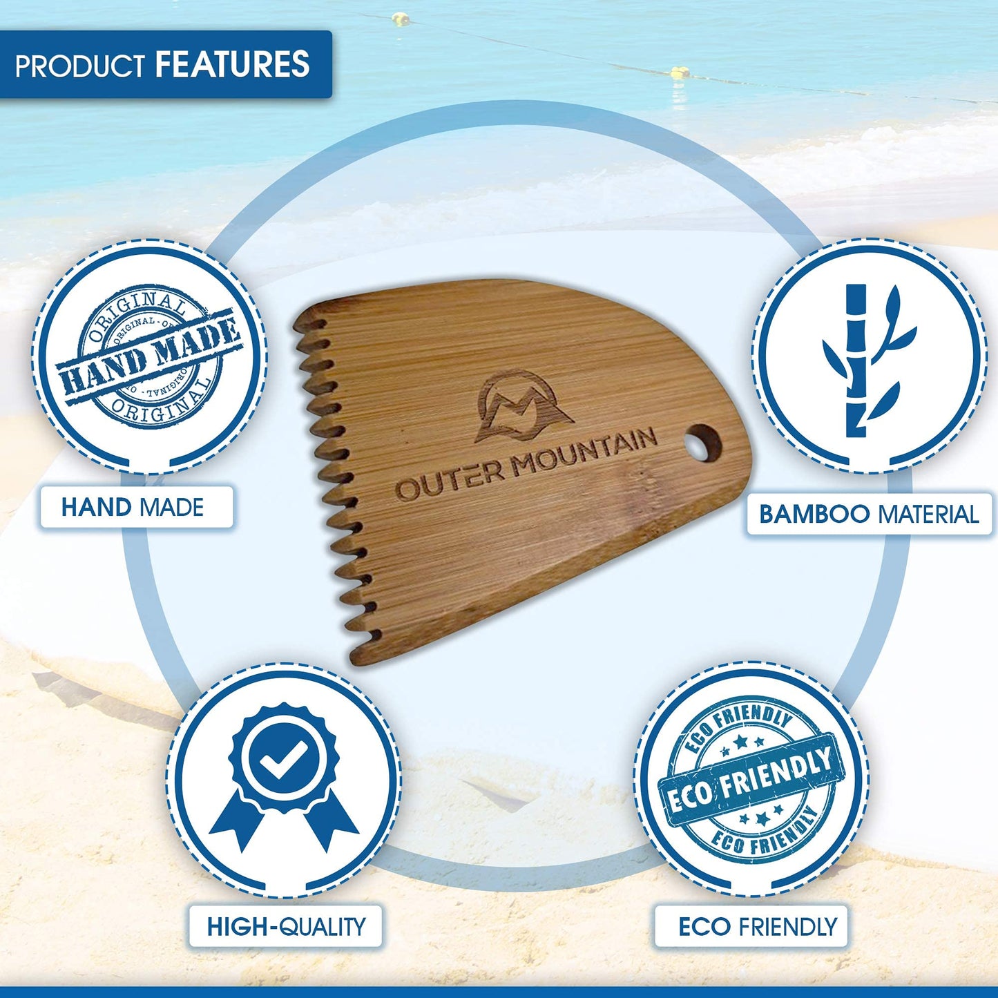 Outer Mountain Surfboard Wax Comb - Bamboo Surfboard Wax Scraper & Surf Wax Remover - Surfer Gift