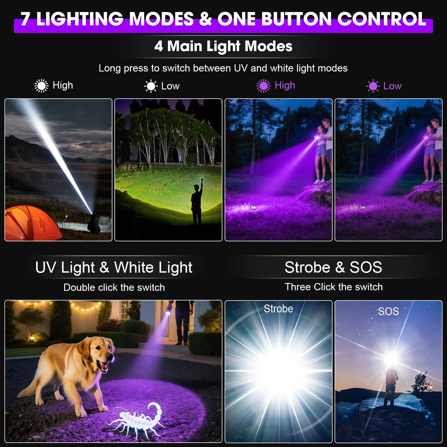 2-in-1 Powerful Blacklight LED Flashlight - UV&High Lumens Tactical Rechargeable Flash Light, 7 Modes, 18H Long Lasting, Super Bright Waterproof Detector for Pet Urine Curing Resin Camping Emergencies