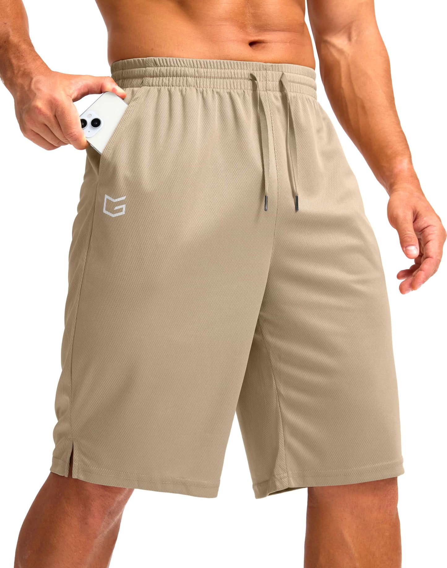 G Gradual Men's Athletic Shorts with Pockets 9" / 11" Long Basketball Shorts Lightweight Quick Dry Gym Workout Shorts for Men(Light Khaki,XL)