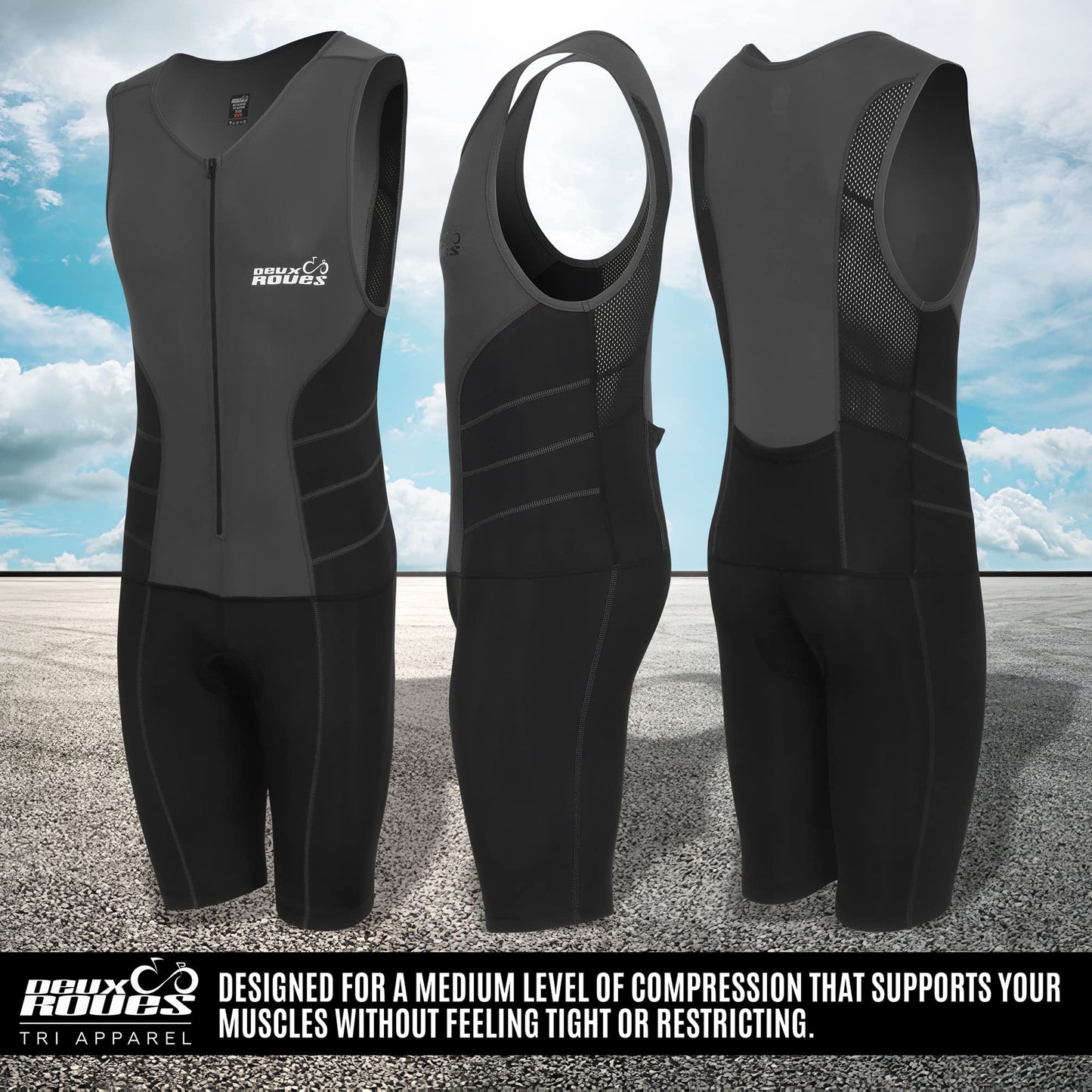 Deux Roues Youth Triathlon Suit Racing Tri Cycling Skin Suit Bike Swim Run - Bonus Race Bib Belt (Gray, Youth 10)