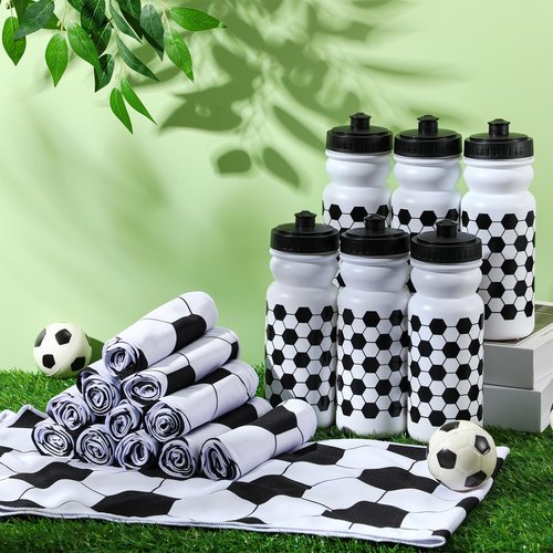 HunnmingRe 24 Pcs Soccer Party Favors Including 12 Pcs 20 oz Plastic Soccer Water Bottles Bulk 12 Pcs 40"x12" Soccer Cooling Towels Breathable Towel for Soccer Team Gift