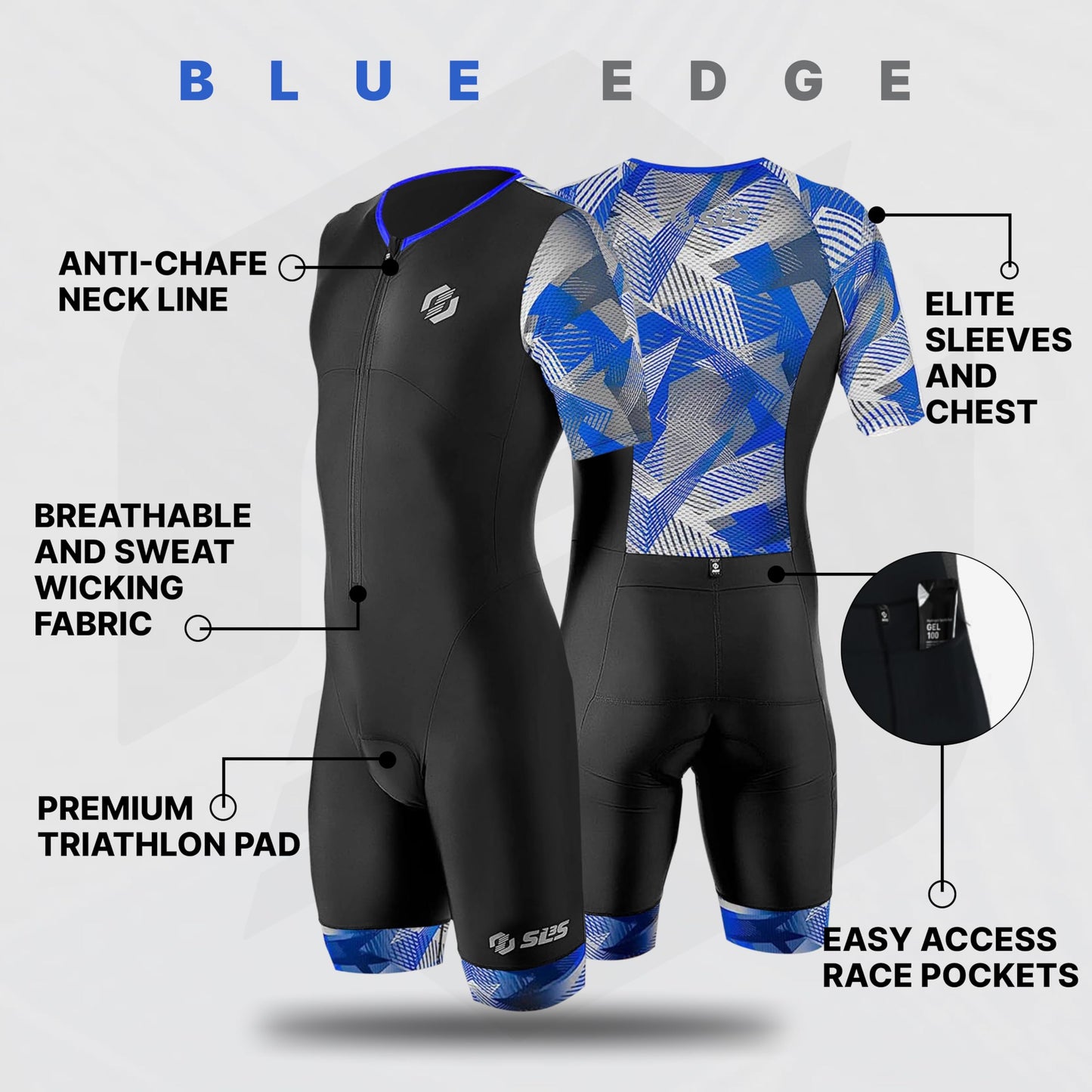SLS3 Triathlon Suits Mens - Aerodynamic Sleeved Tri Suit Men – Lightweight Trisuit with Premium FX Fabrics - 2 Pockets (Blue Edge, Medium)