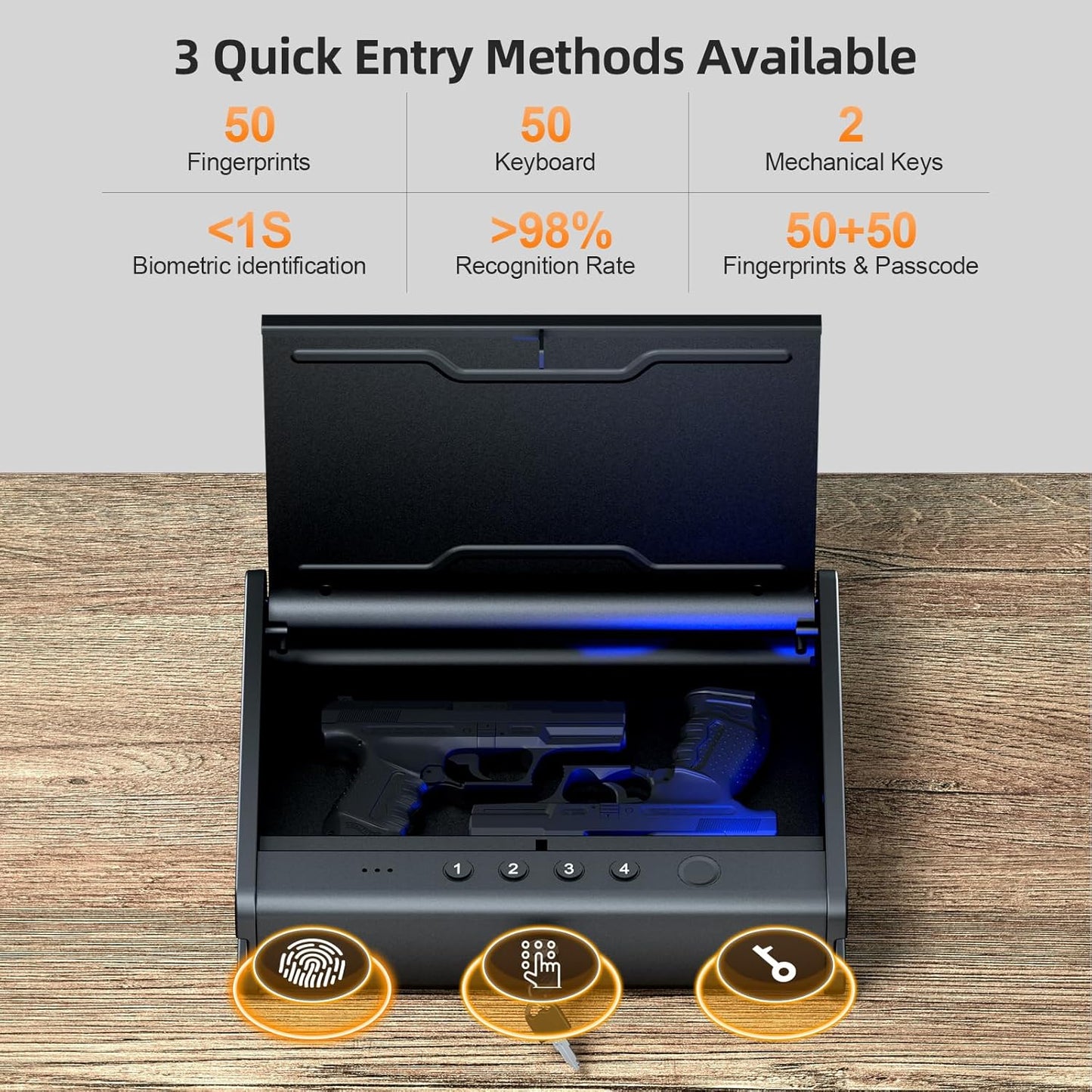 Biometric Gun Safe for Handgun - Quick Access Pistol Safe with Fingerprint & Voice Navigation | Interior Light, Mute Mode, Steel Cable Included