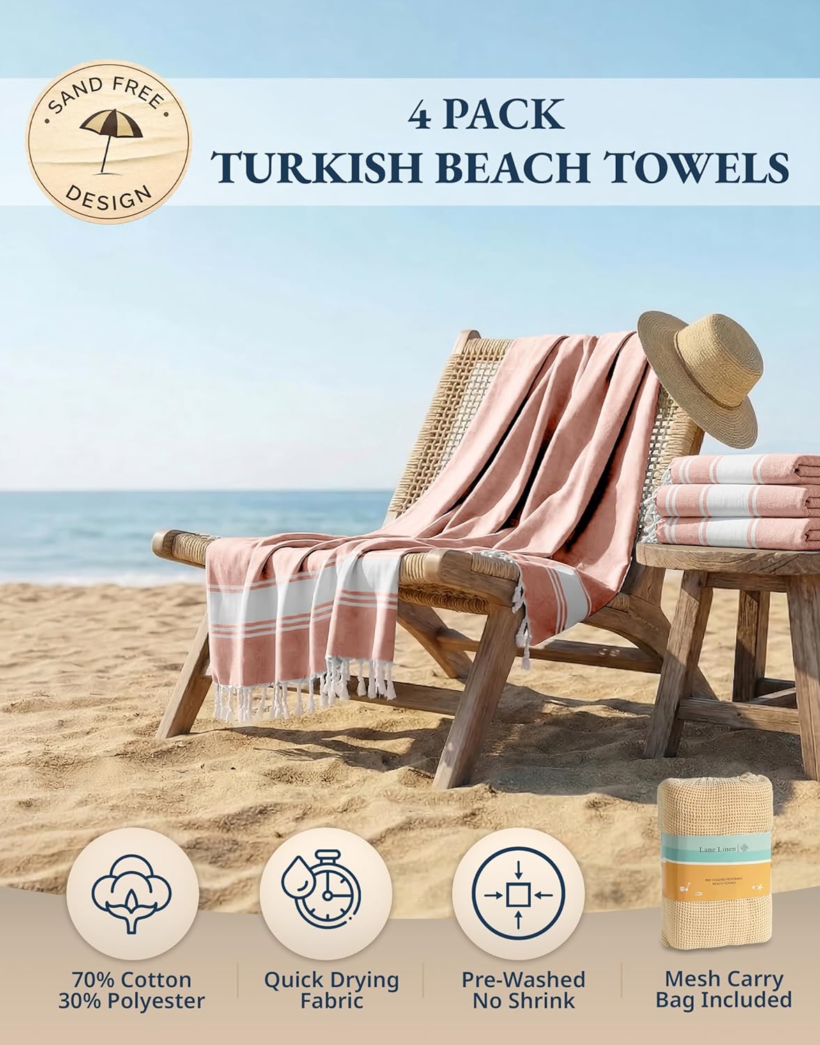 LANE LINEN Oversized Beach Towels 4 Pack - Quick Dry, No Sand, Extra Large 39"x71" - Quartz Pink
