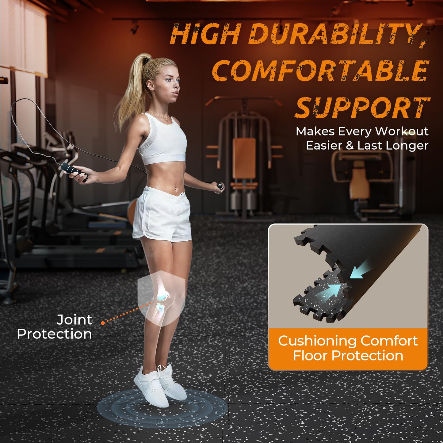 PRAISUN 0.6" Thicker Rubber Top Gym Flooring for Home Gym, 48 Pcs 192 Sq Ft Workout Mats, Exercise Mat, Interlocking Rubber Floor Mats with High Density EVA Foam for Garage, 24 x 24in, Black/Grey