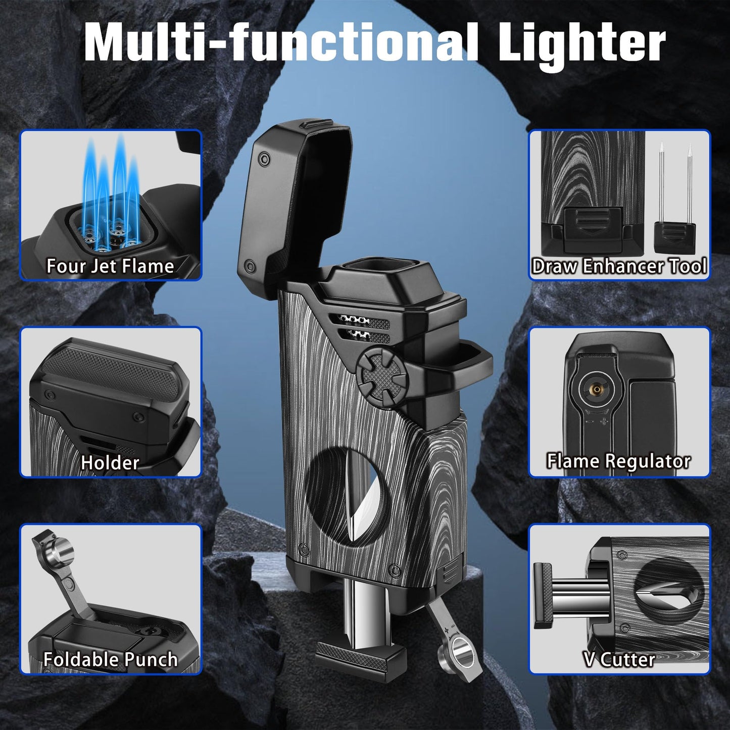 FLABOX 5-in-1 Torch Lighter with V Cutter Holder Punch and Draw Enhancer Tool,Four Windproof Jet Flame Multi-Functional Lighter,Refillable Butane Lighter with Gift Box for Men Black,Without Butane