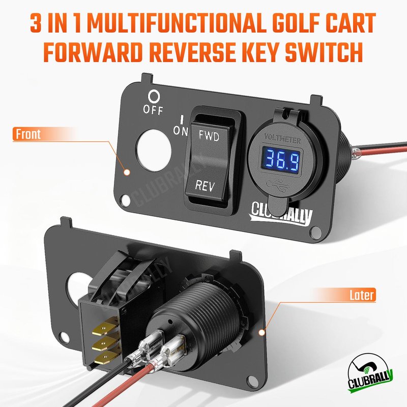 CLUBRALLY Golf Cart Key Switch Console Plate, EZGO TXT Switch Panel with Forward Reverse Switch, DC 9V-48V 3.1A Fast Charge Dual USB Charger, Fit Electric EZGO TXT, Medalist, PDS (Black)