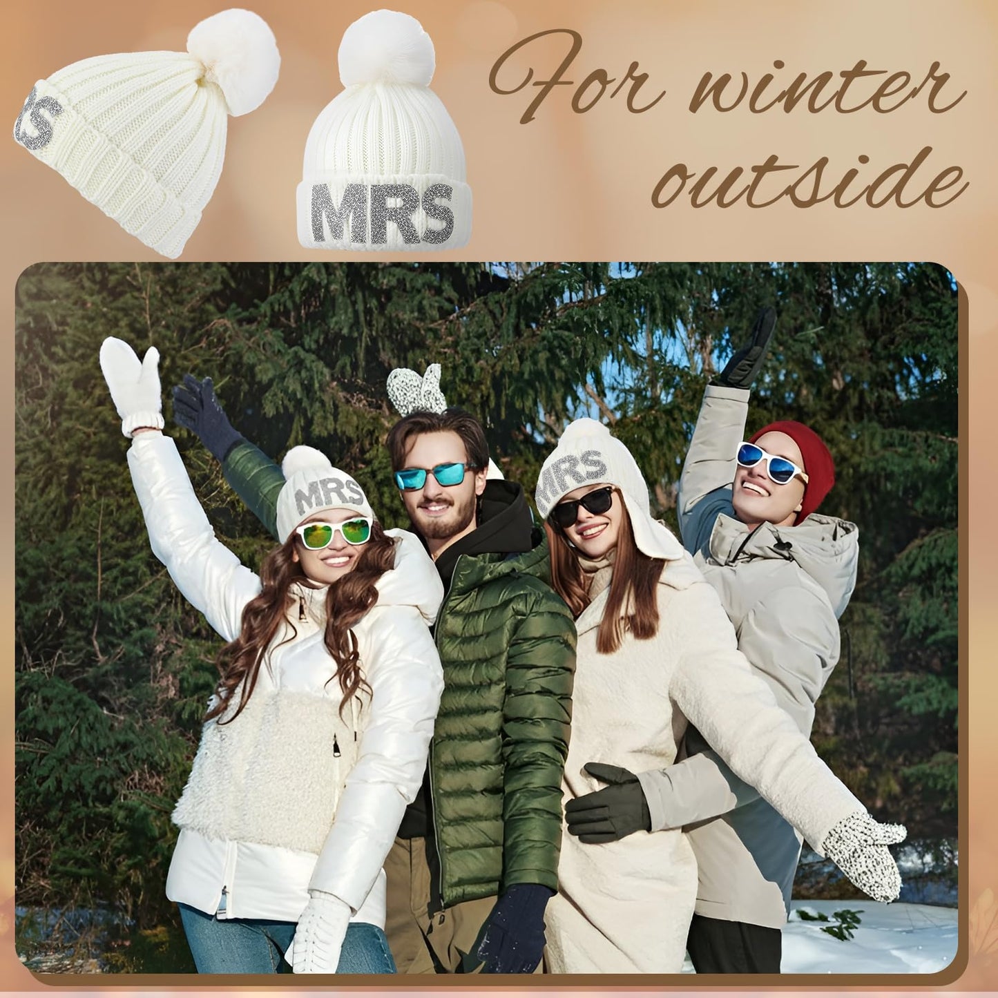 Shihanee Rhinestone Mrs Knitted Beanie Hat with Faux Fur Pom White Bride and Bridesmaid Beanie Warm Soft Womens Winter Hat for Bachelorette Parties Bridal Shower Bride to Be Gift