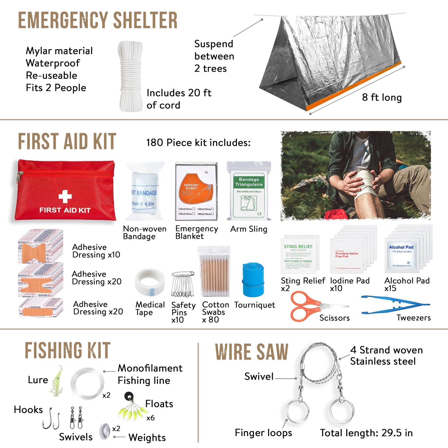 Monterra Survival Kit, 265 Pcs, First Aid Kit, Bug Out Bag, Hiking Gear Essentials, Emergency Outdoor Gear and Equipment, Molle System, EDC, Camping Accessories, Hunting, Gifts for Men.