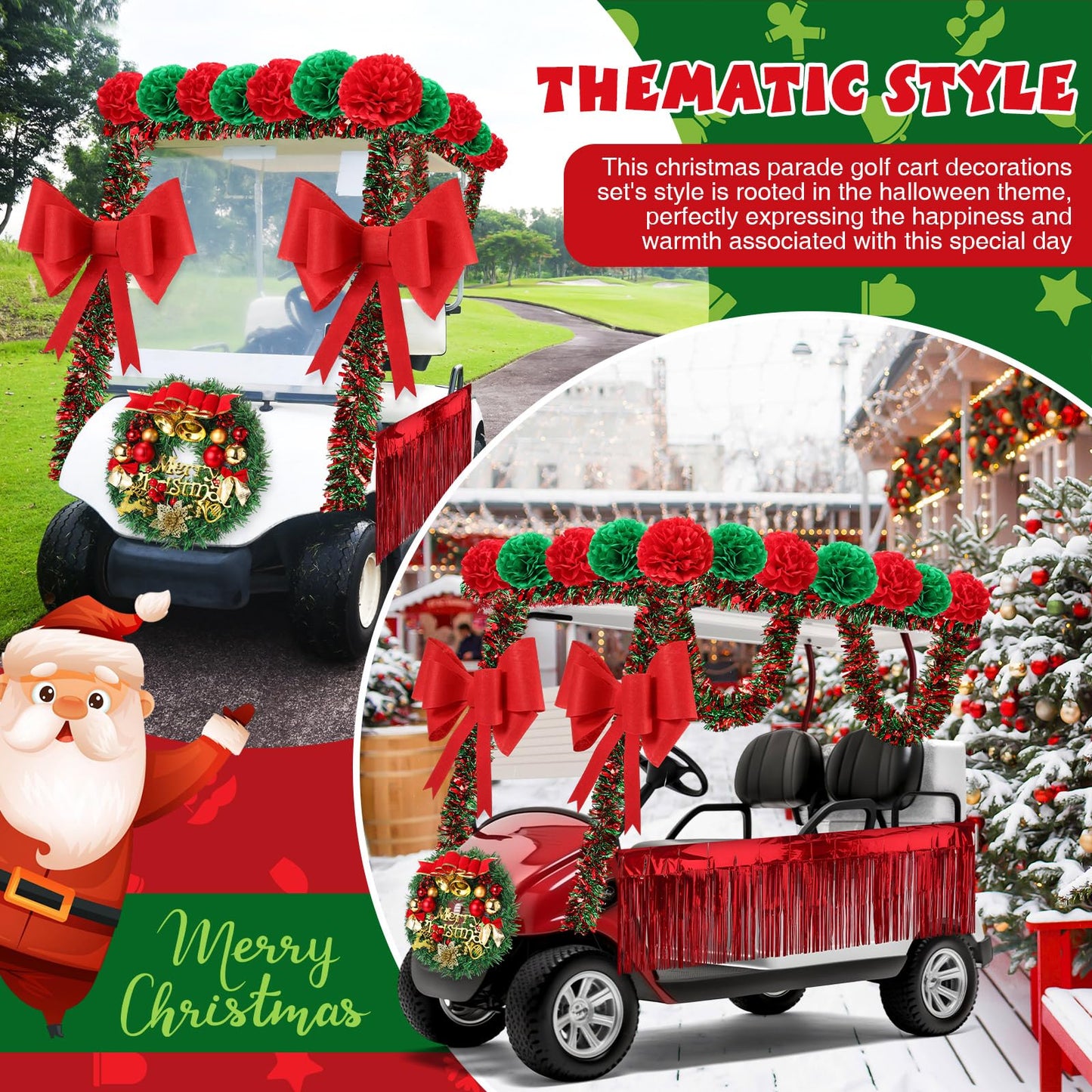 Suncalla 16 Pcs Christmas Golf Cart Decorations Christmas Wreath Red Foil Tinsel Banner Red Green Tissue Paper Pompoms Tinsel Garland Jumbo Bow Decoration for Golf Cart Party Supplies Decor