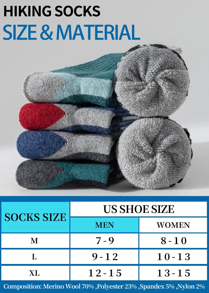 Men's Wool Crew Work Socks, 5 Pairs, Moisture Wicking Cushioned Boot Socks for Hiking, Running and Sports (US, Numeric, 10, 13, Regular, Regular, Net Mix)