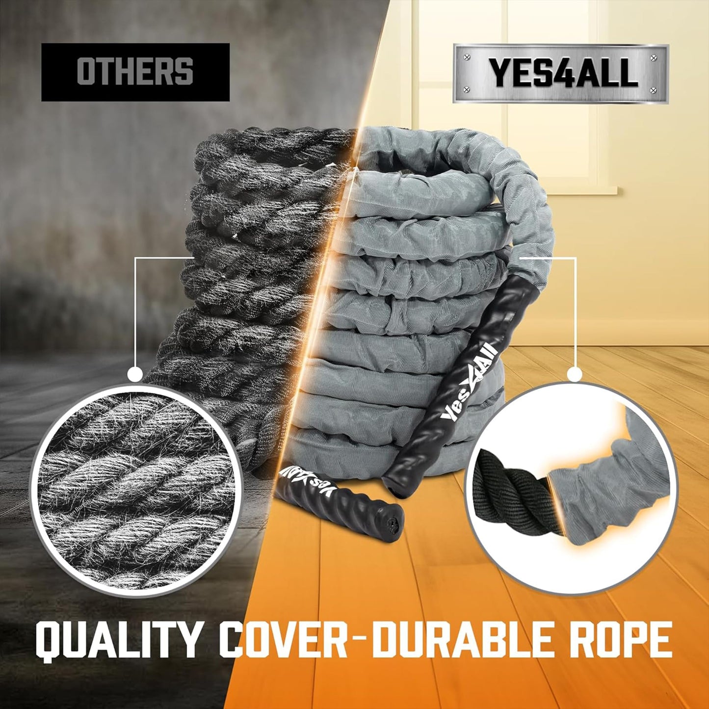 Yes4All Battle Rope with Protective Cover – Steel Anchor & Strap Included - Poly Dacron 1.5in - 40ft