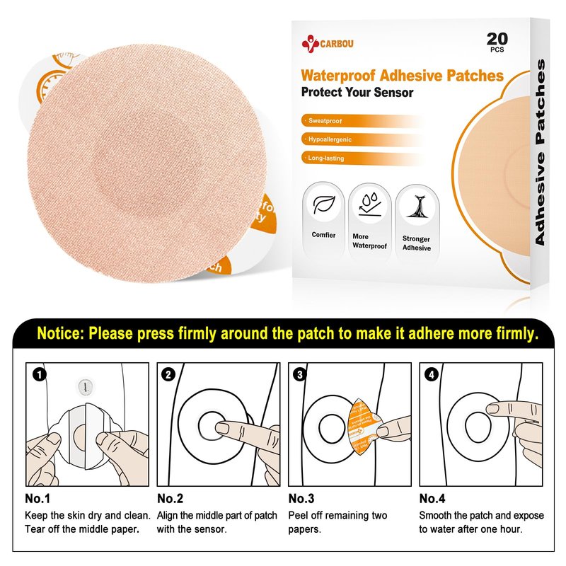 Carbou Freestyle Libre 2/3 Sensor Covers,20PCS Freestyle Adhesive Patches Waterproof CGM Cover for Libre,Enlite,Guardian –No Glue in The Center,Long Fixation for Your Sensor
