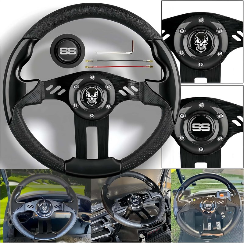 WUKO HUNT Luxury Style Golf Cart Steering Wheel - With Horn Button, with Premium Grip Leather and Ergonomic Design, Fit EZGO TXT/RXV/Club Car DS/Precedent/Yamaha Most Golf Carts (Black-Skull/SS)