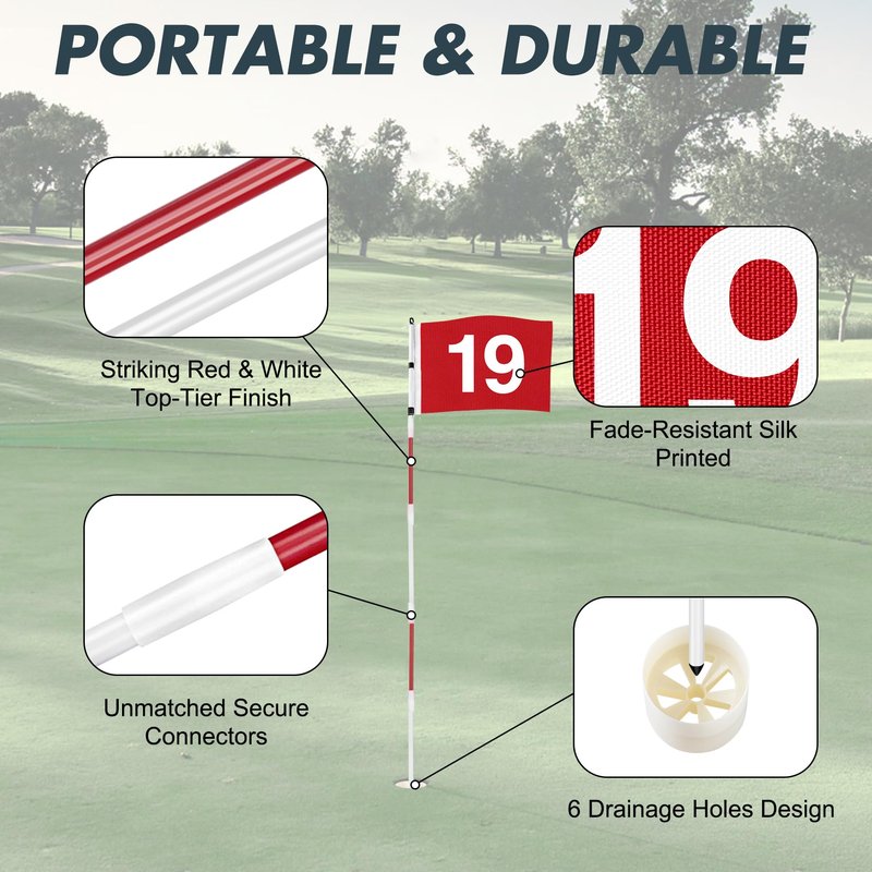 DuraRange Golf Flagstick 6ft, 5-Section Design, ABS Hole Cup, 420D Nylon Flag for Backyard Practice Putting Green | Driving Range | Country Club, Gift Idea, the 19th Hole Flag