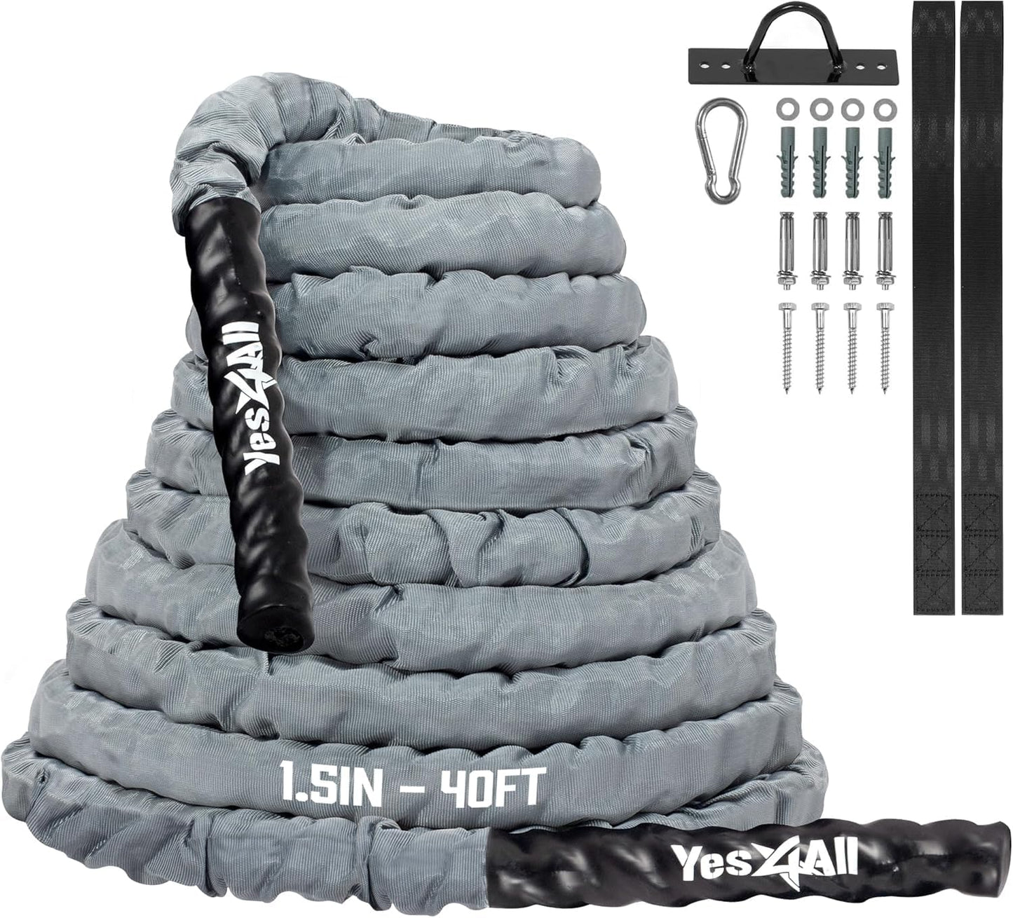 Yes4All Battle Ropes, Workout Rope with Cover, Steel Anchor & Strap Included, Heavy Ropes for Exercise Training - 1.5/2 Inch Diameter, 30, 40, 50 Ft Length