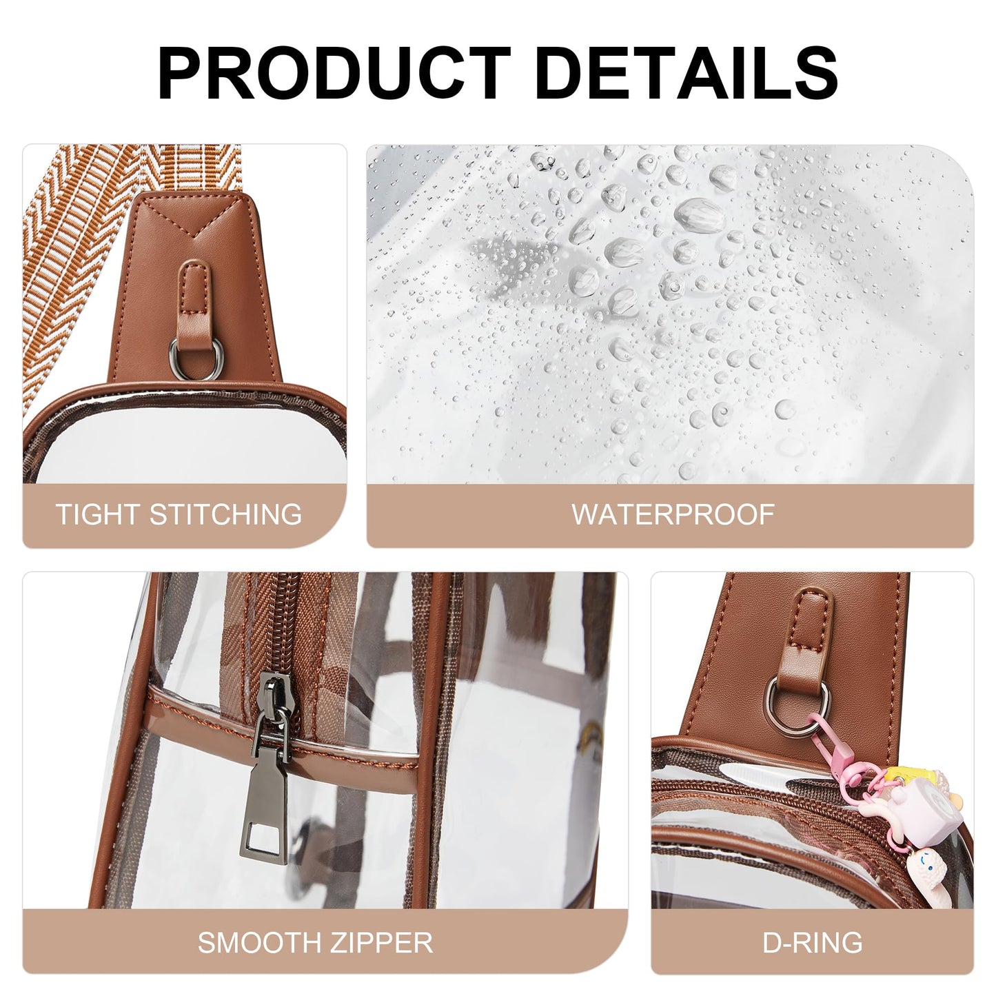 Shrrie Clear Bag Stadium Approved Clear Crossbody Sling Bag for Women Men Stadium Events Clear Purses for Concert Brown