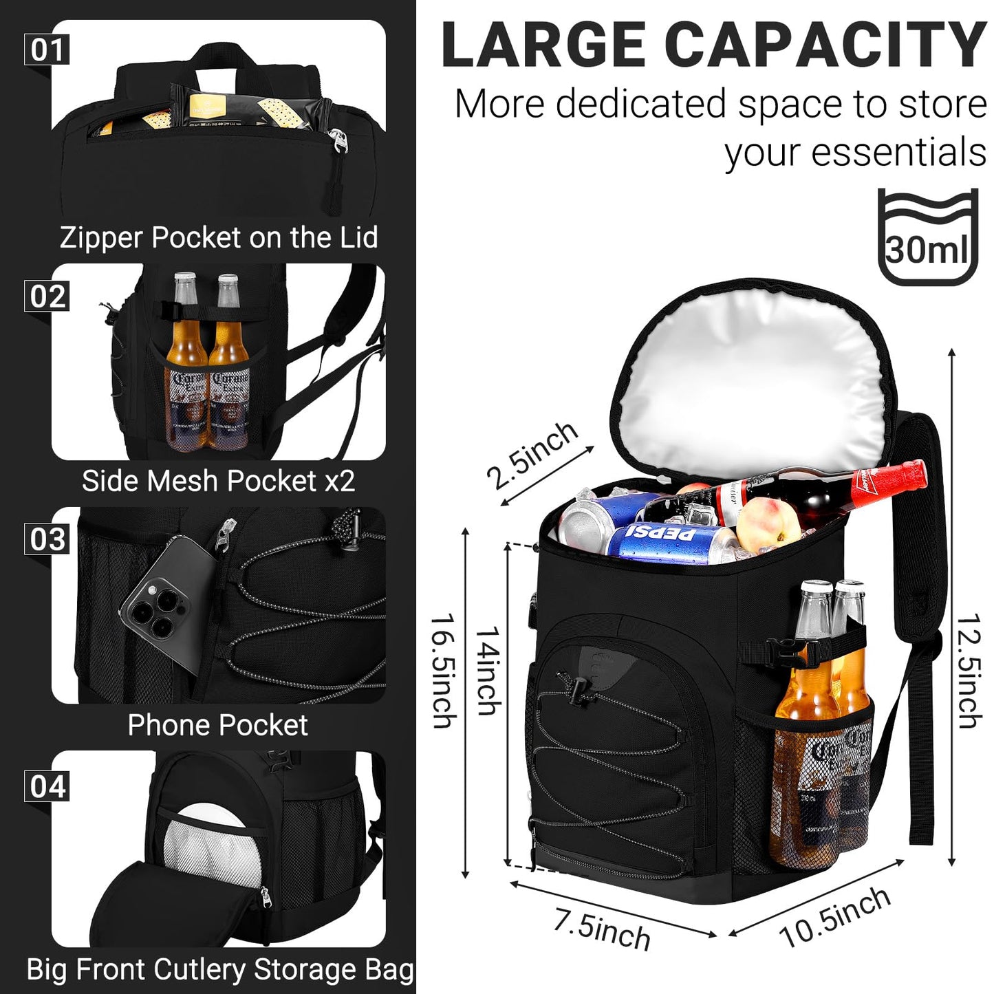 NECKORY Cooler Backpack, Lightweight and Large Capacity Soft Backpack Cooler, Leak Proof Bag for Men Women, Waterproof Insulated Lunch Bag Portable for Camping Traveling Hiking Office (Black)