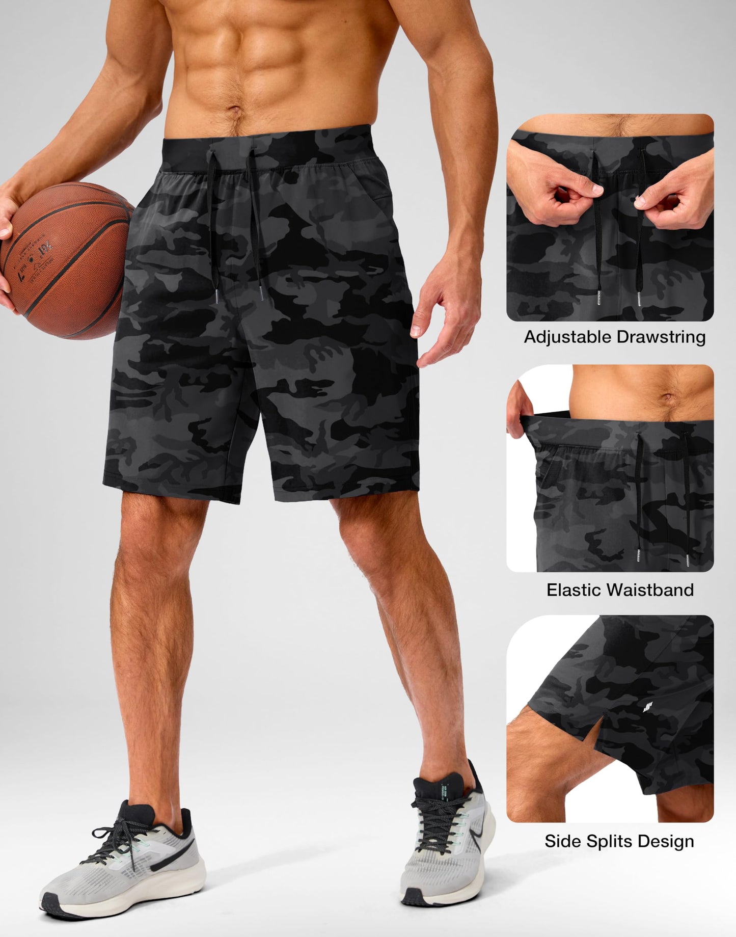 Soothfeel Men's Running Shorts with Zipper Pockets 9 Inch Lightweight Quick Dry Gym Sports Athletic Workout Basketball Shorts for Men (Grey Camo, M)