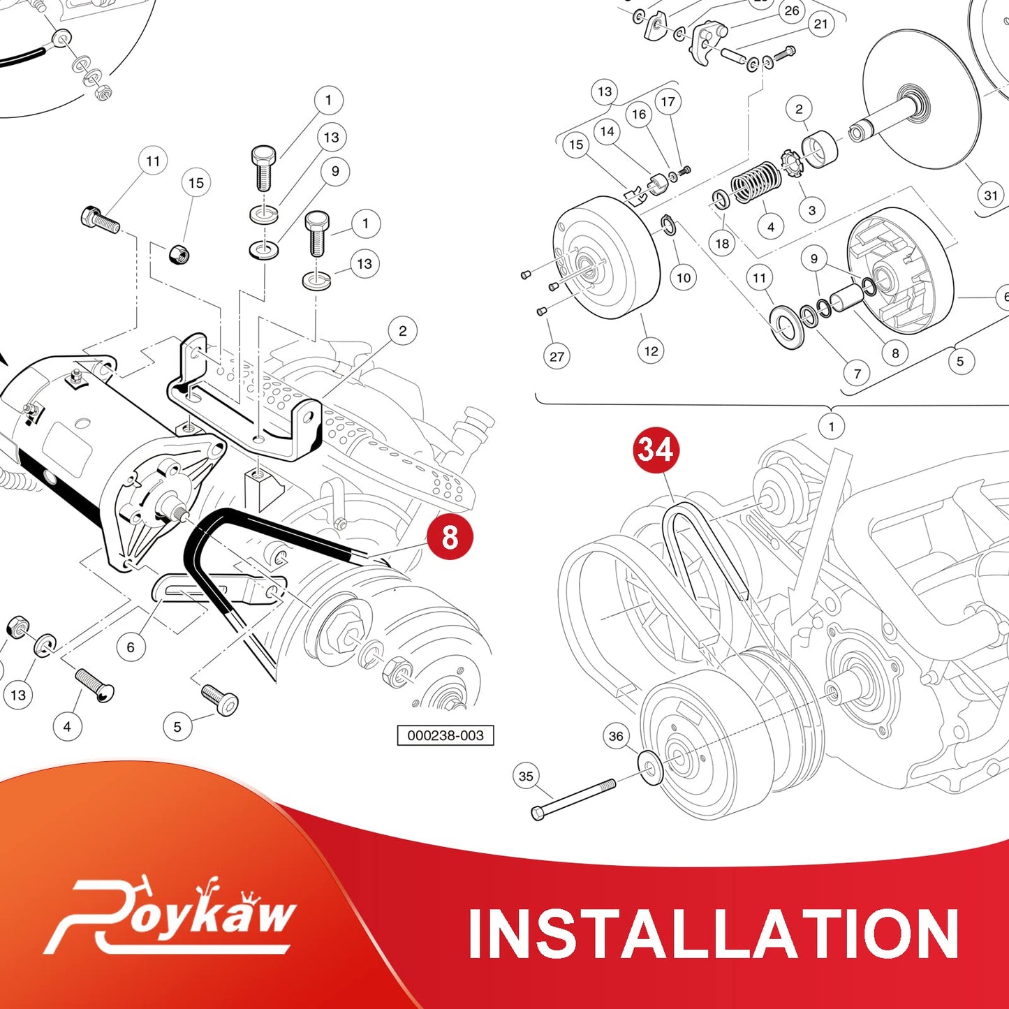 Roykaw Golf Cart Clutch Drive Belt/Starter Generator Belt Kits for 1997-Up Club Car DS & 2004-Up Club Car Precedent Golf Cart with OHV Kawasaki Engine Replaces OEM #101916701, 1016203