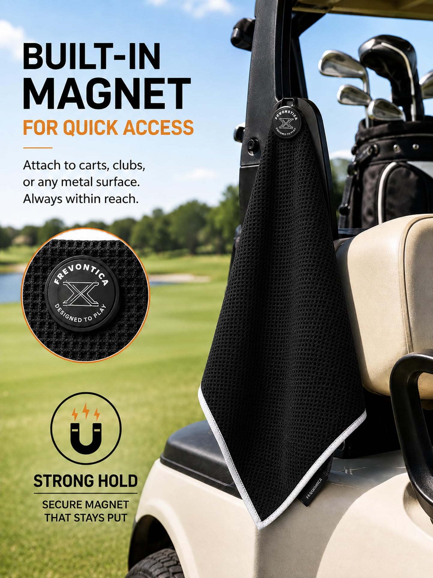 Frevontica Magnetic Golf Towel with Cleaning Pocket, 24"x16" Ultra-Absorbent Waffle Microfiber Golf Towel with Magnet & Clip for Golf Bag, Carts and Clubs, Golf Accessories Gift for Men Women Golfers