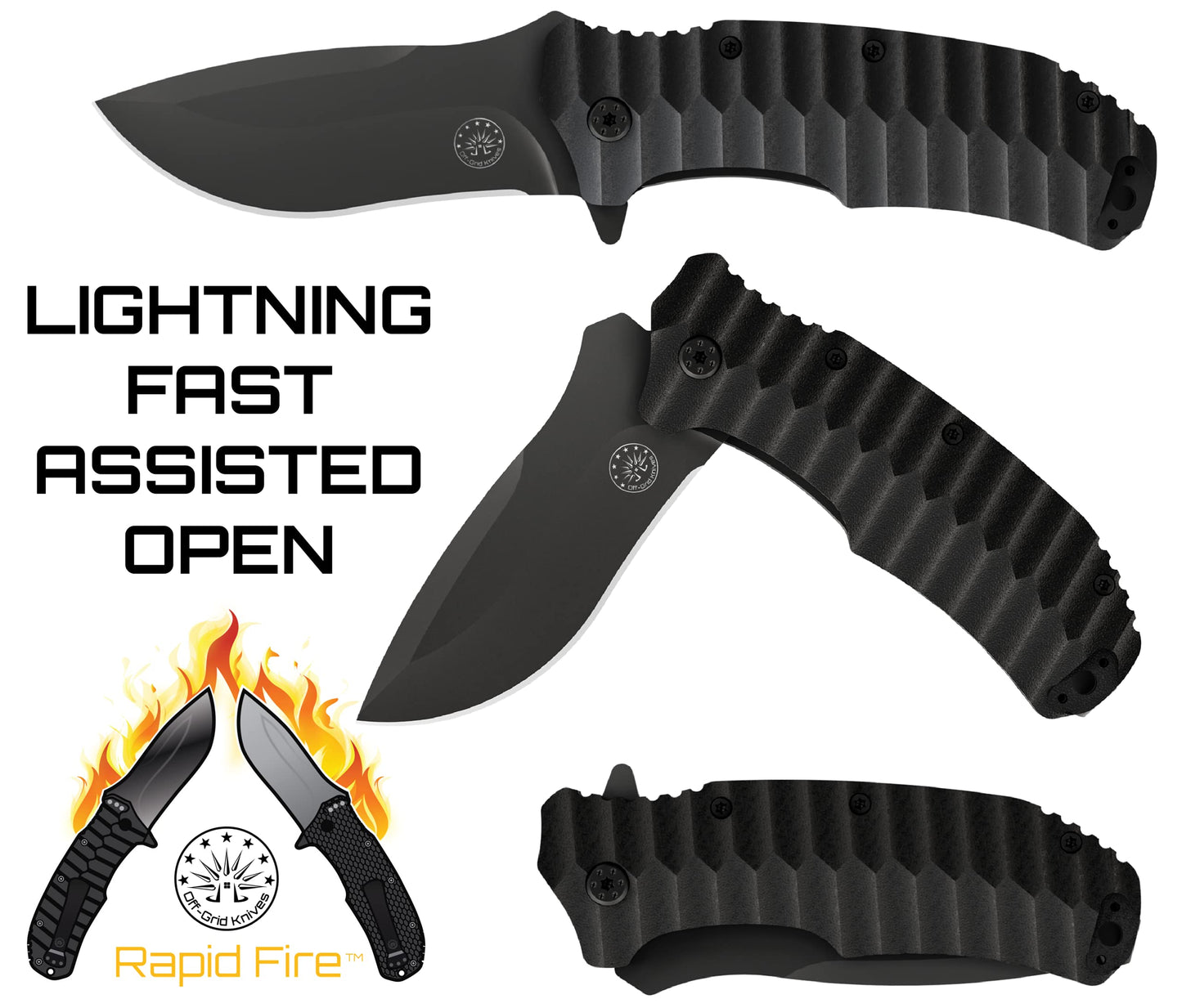 Off-Grid Knives - Rapid Fire Blackout - Large Folding Knife for Camping & EDC, Cryogenic D2 Blade Steel, Titanium Nitride Coating with G10 Scales & Deep Carry Clip