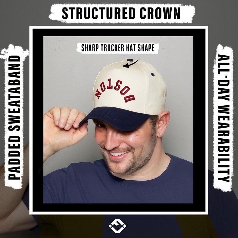 Funky Junque Retro Boston Hat – Baseball Cap with Upside Down City Arched Embroidery – Unisex Adjustable Snapback for Game Day, Streetwear – Boston (Navy/Beige)