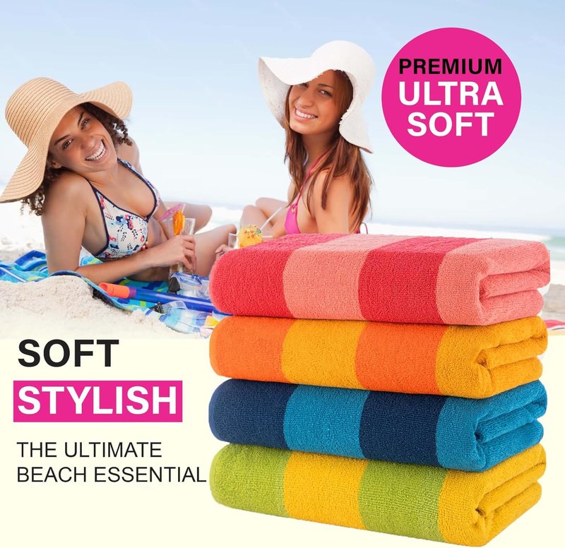 Malibu Beach Towel Set - 4 Oversized 100% Cotton Designer Stripe Towels | Orange, Blue, Pink, Green - Perfect Summer Gift