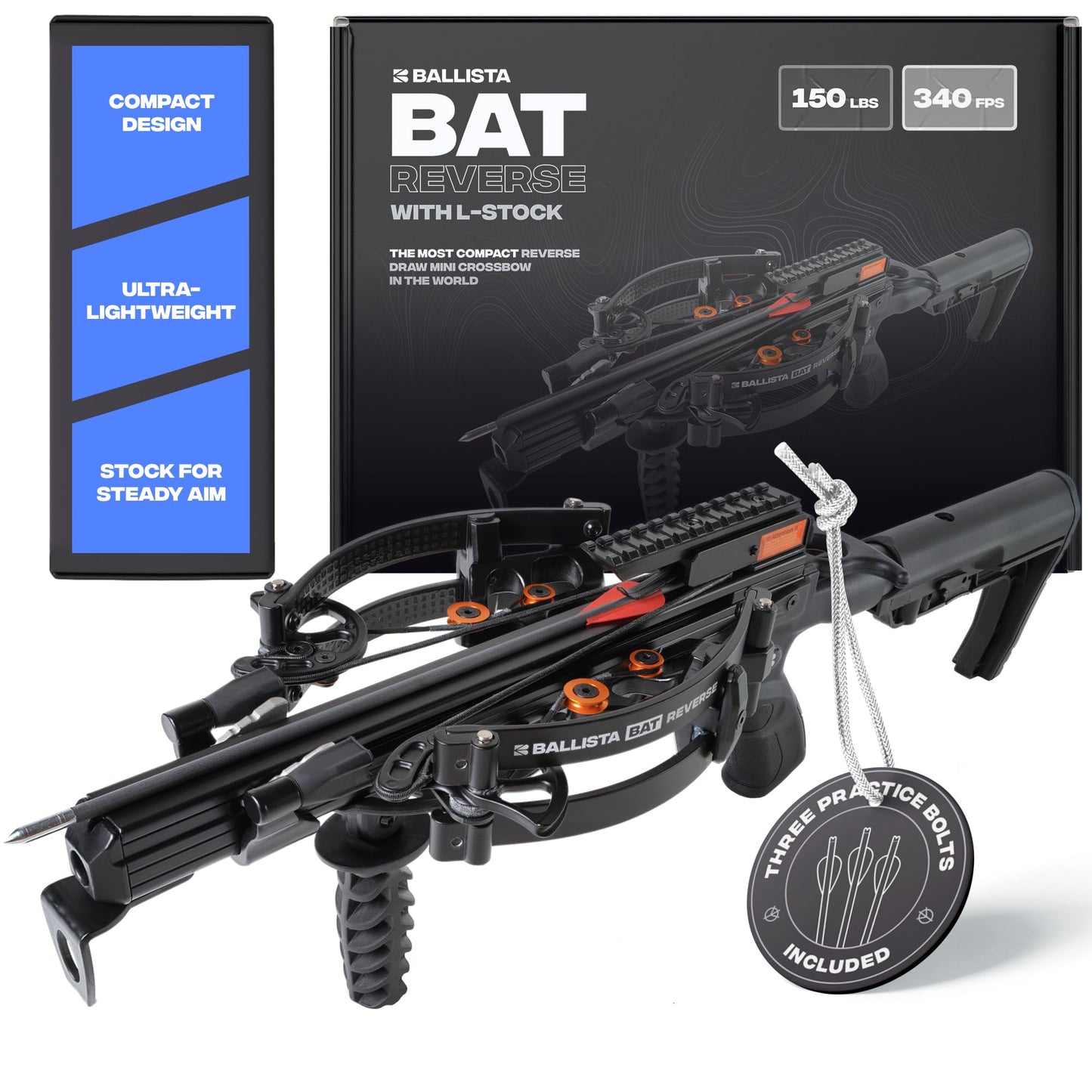 BALLISTA BAT Reverse Draw Compound Crossbow with L-Buttstock for Hunting, Bowfishing and Target Shooting – 340 FPS, 150 lb Draw Weight, Lightweight 4 lb Design