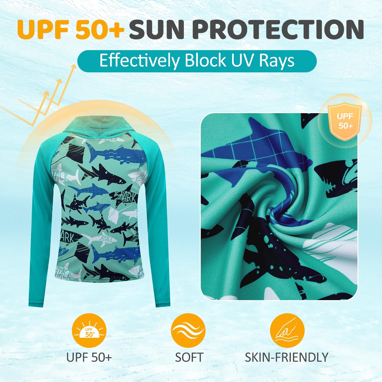Boys Rash Guard Swim Shirts Toddler Kids Long Sleeve Hoodie UPF 50+ Sun Protection Swim Top Fishing Shirt with Thumb Hole Lake Blue Shark 3-4T