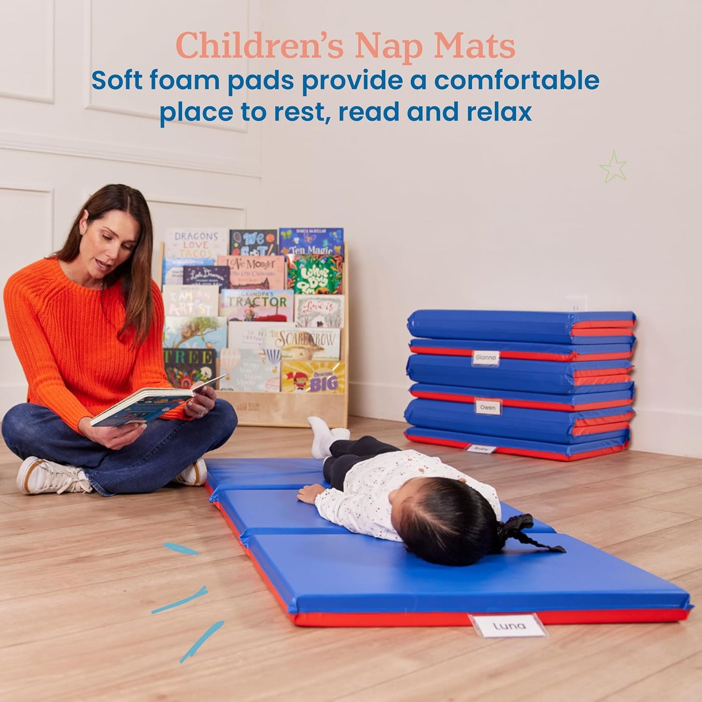 ECR4Kids Premium Folding Rest Mat - 3-Section Sleeping Pad | Blue/Red, 2-Inch Thick