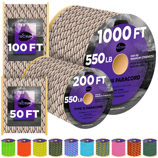 TECEUM Paracord Type III 550 Desert Snake Camo – 50 ft – 4mm – Tactical Rope MIL-SPEC – Outdoor para Cord –Camping Hiking Fishing Gear and Equipment – EDC Parachute Cord – Strong Survival Rope 281b