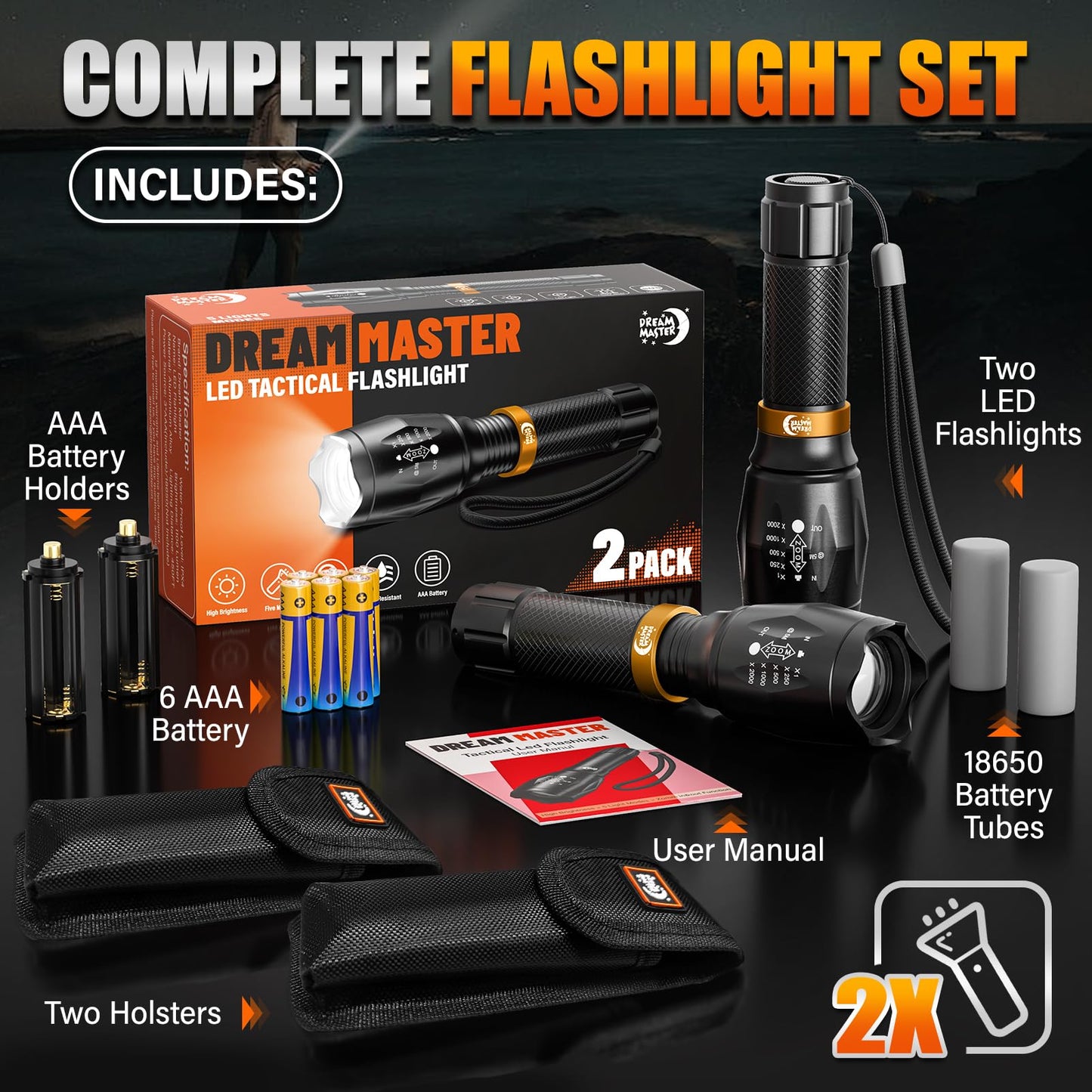 2 Pack LED Flashlights High Lumens with 6 AAA Batteries, 5 Modes Mini Waterproof Tactical Flashlight for Camping Hiking, Bright Flashlight with Zoomable, Fathers Day Gifts for Men Dad, Black & Orange