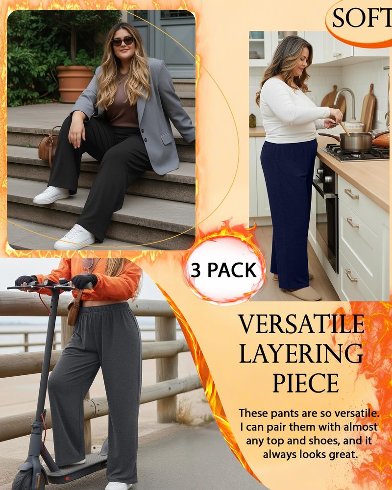 Velvelhall 3 Pack Women's Plus Size Fleece Sweatpants Thermal Wide Leg Elastic Baggy Jogger Warm Pants Winter with Pockets(Black, Dark Gray, Navy Blue,XX-Large)