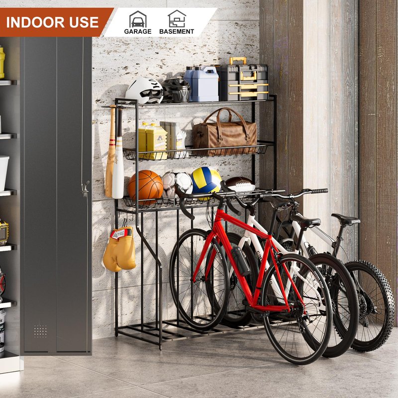 Kificet 4 Bike Stand, Bike Rack Garage with 3-Tier Storage Rack, Bicycle Stand for Garage Organizer, Indoor Sporting Gear Storage Station for Mountain/Road/Hybrid & Fat Tire Bike, Patent Pending