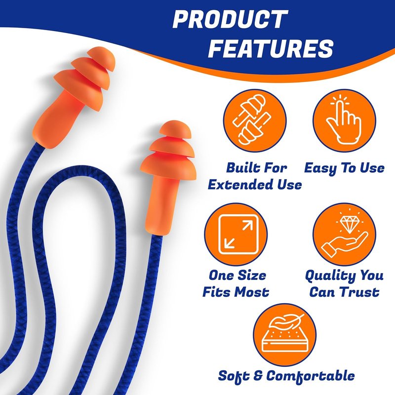 Reusable Ear Plugs for Shooting Range - 10 Pairs of Corded Hearing Protection for Gun & Construction Use | Noise Reduction