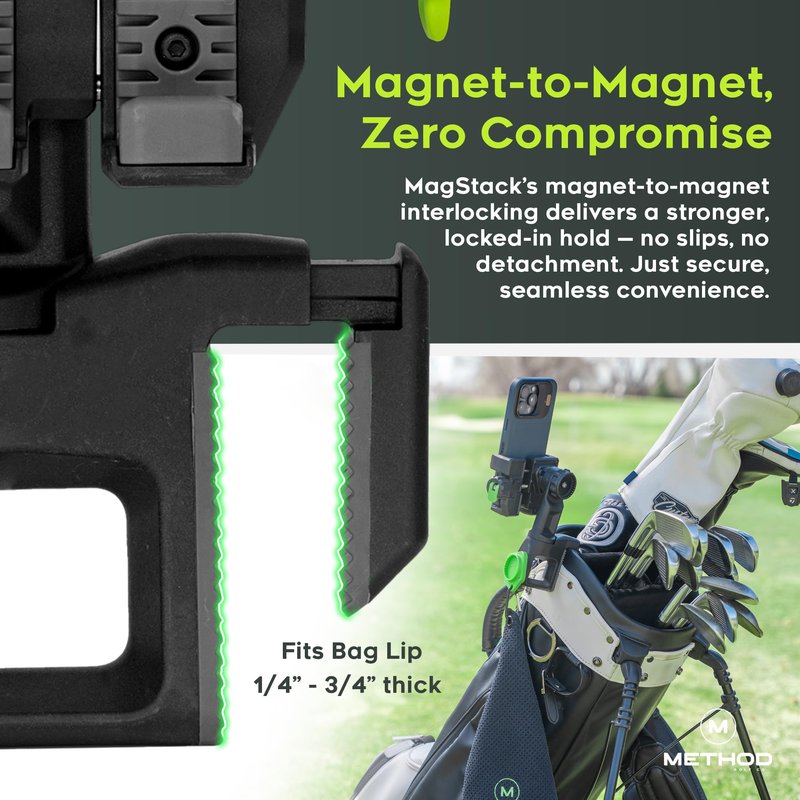 Method Golf CarryStack Golf Bag Phone Holder – Heavy Duty Magnetic Phone Mount for Most Smartphones with Magnetic Range Finder Strap- Full Rotation Open Face Design Converts Any Bag into a Tripod