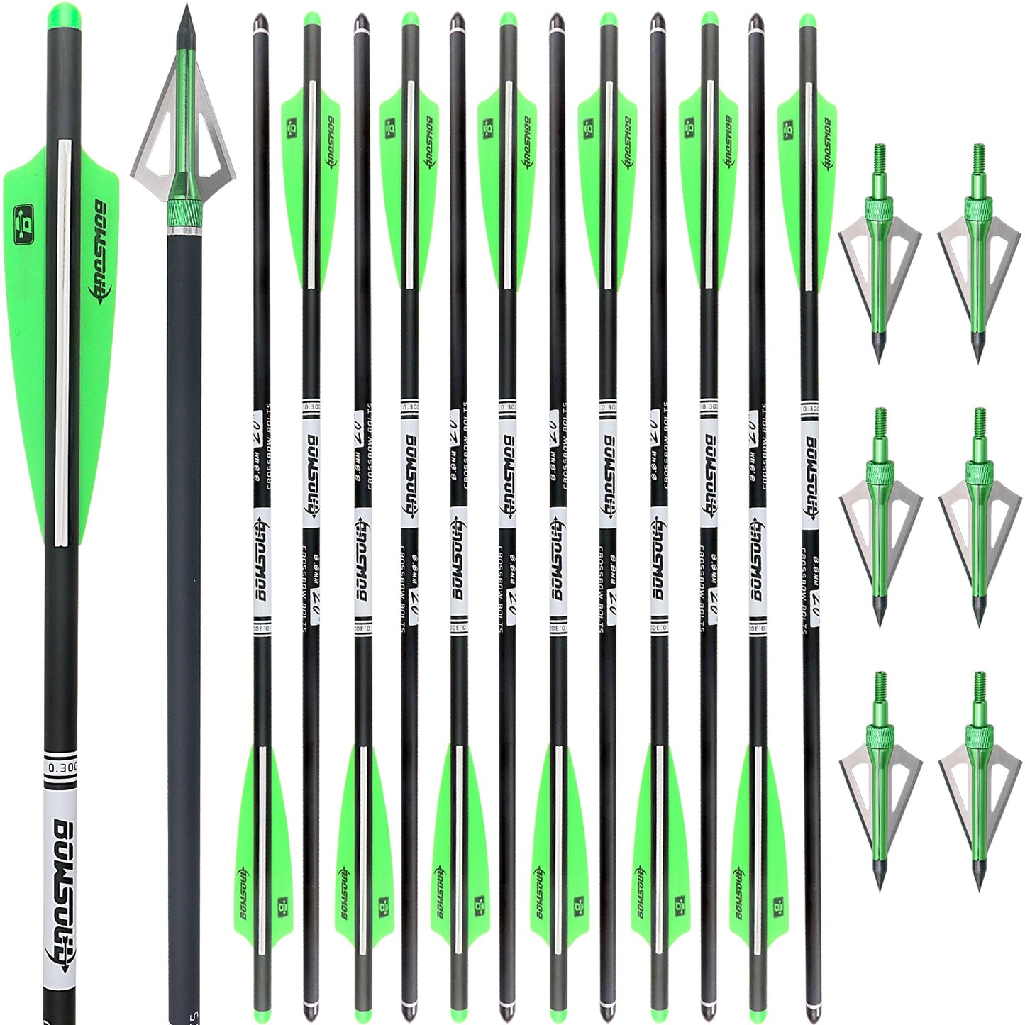 BOWSOUL Crossbow Bolts 20 22 Inch Carbon Archery Arrows 12 Pack and 6 Pack 3 Blade Hunting Broadhead Set (Green White, 20inch)