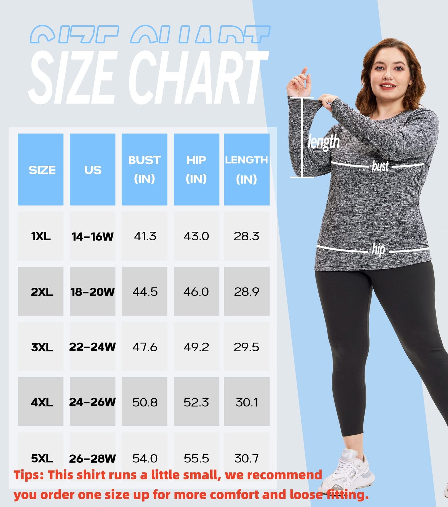 COOTRY Womens Plus Size Workout Tops Long Sleeve Thermal Shirts Fleece Lined Crew Neck Athletic Running Clothing Top - Blue 5XL