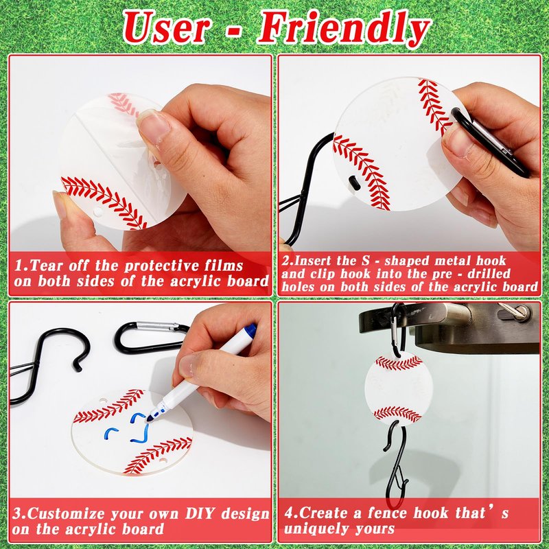 gisgfim 8 Pcs Bag Hook for Fence Personalized Baseball Bags Clip Sports Fence Hook with Acrylic Board for Bat Bag Water Bottle Backpack Baseballs Dugout Accessories Lover Player Gifts(Baseball)